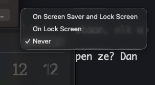 The Show large clock dropdown options: On Screen Saver and Lock Screen, On Lock Screen, Never — with Never selected