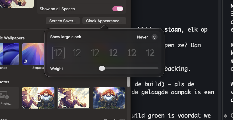 macOS 'Show large clock' set to Never, buried under System Settings → Wallpaper → Clock Appearance